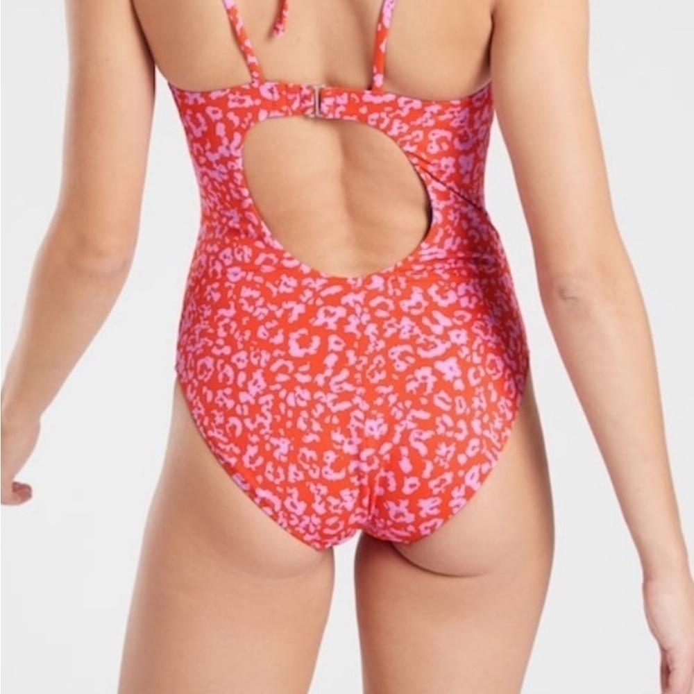Athleta Swimsuit One Piece Coral Leopard Print Keyhole Back size XL - Picture 5 of 16